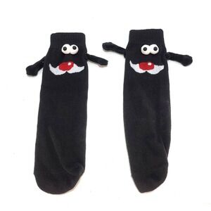 Silly Goofy Face 12" Ankle Black Socks w. Magnetic Clasping Hands Cute Fun Pair